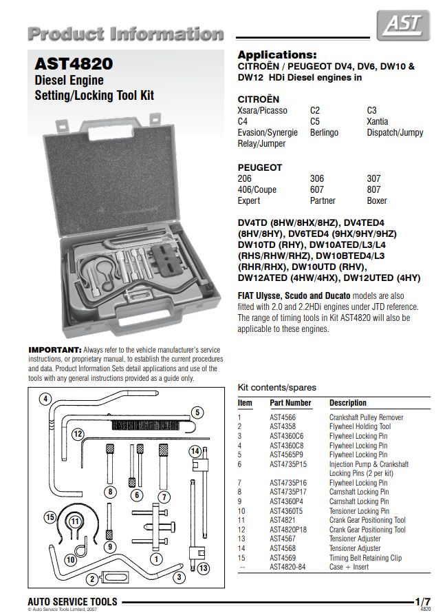 AST社製 プジョー / シトロエン 1.4 ～ 2.2 HDi ディーゼルエンジンタイミングツールキット DV4 / DV5 / DV6 / DW10 / DW12 AST4820