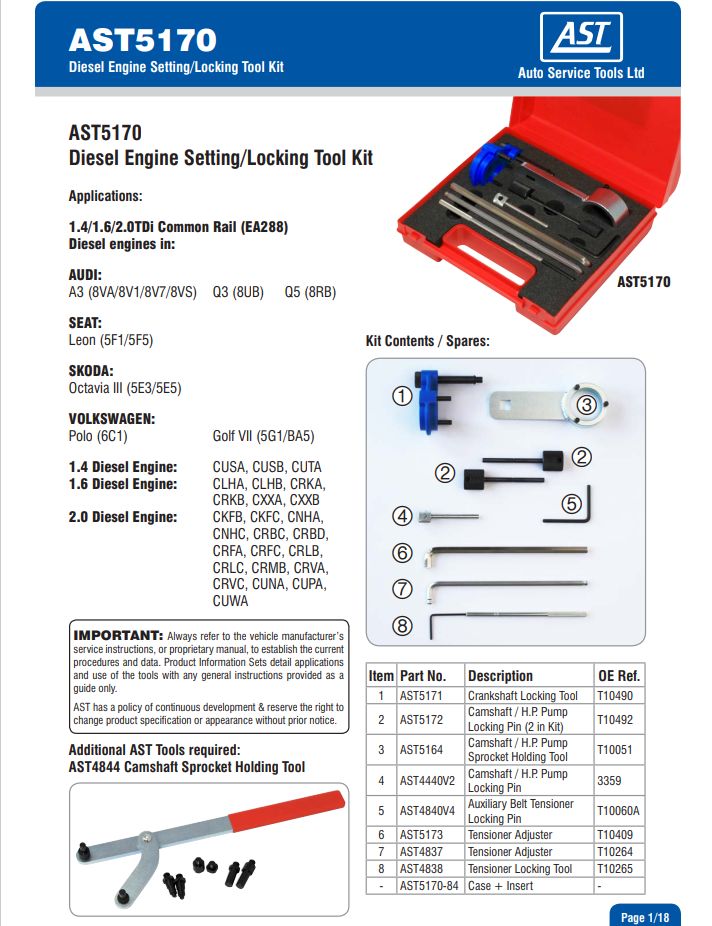 AST社製 VW / アウディー 1.4L / 1.6L / 2.0L TDi コモンレール ディーゼルエンジン タイミングツールキット AST5170
